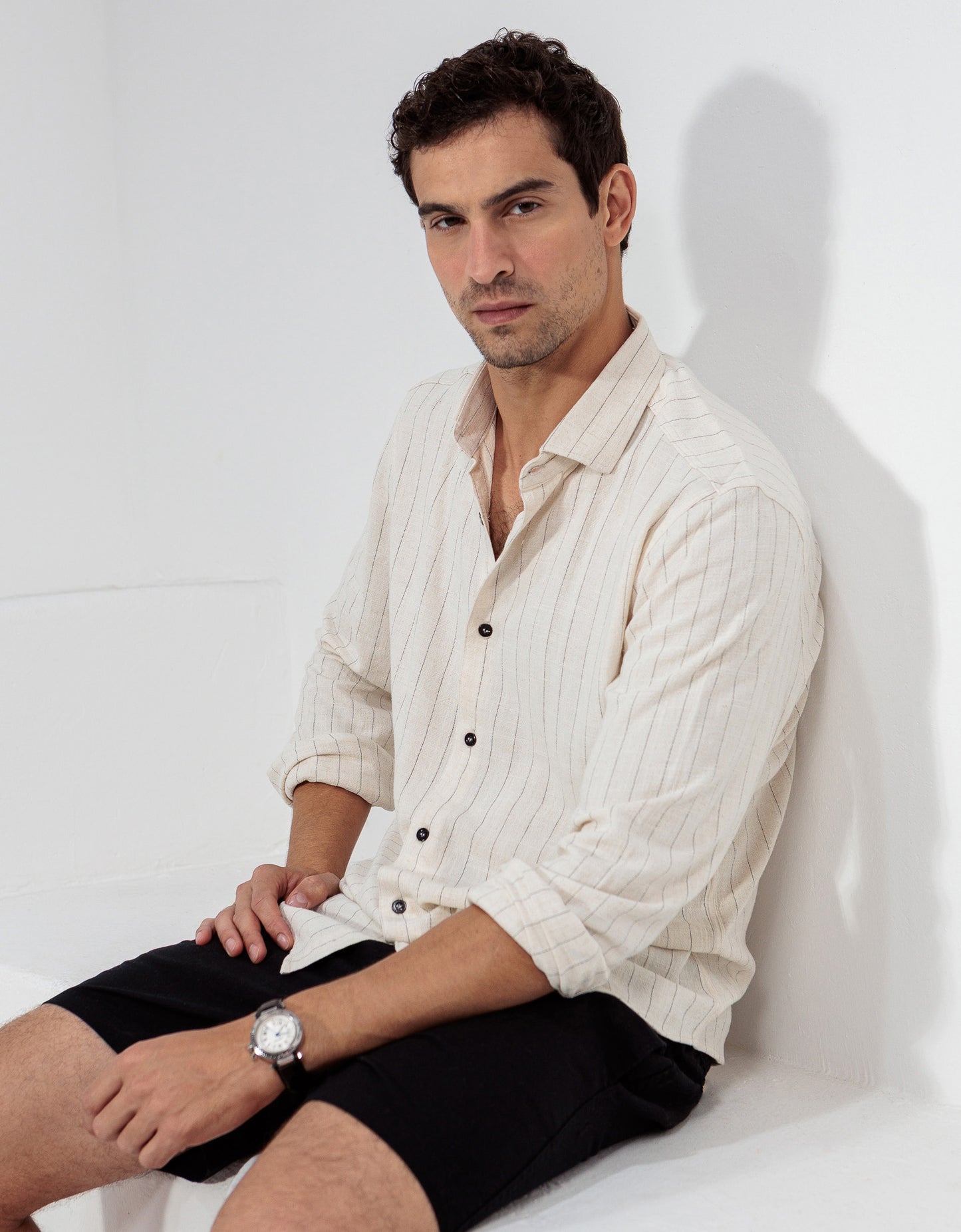 CAMISA LINHO CRU LISTRA PRETA