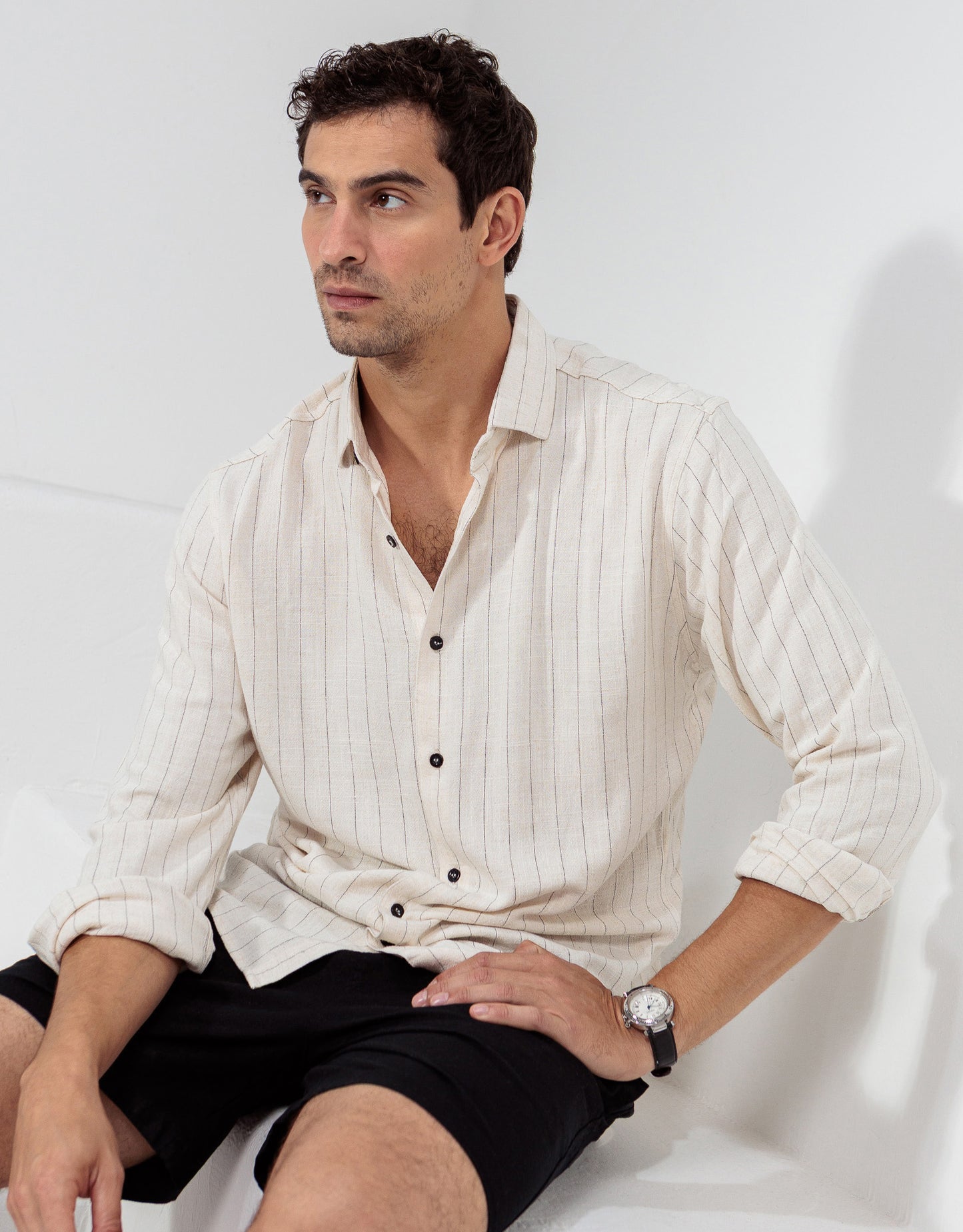 CAMISA LINHO CRU LISTRA PRETA