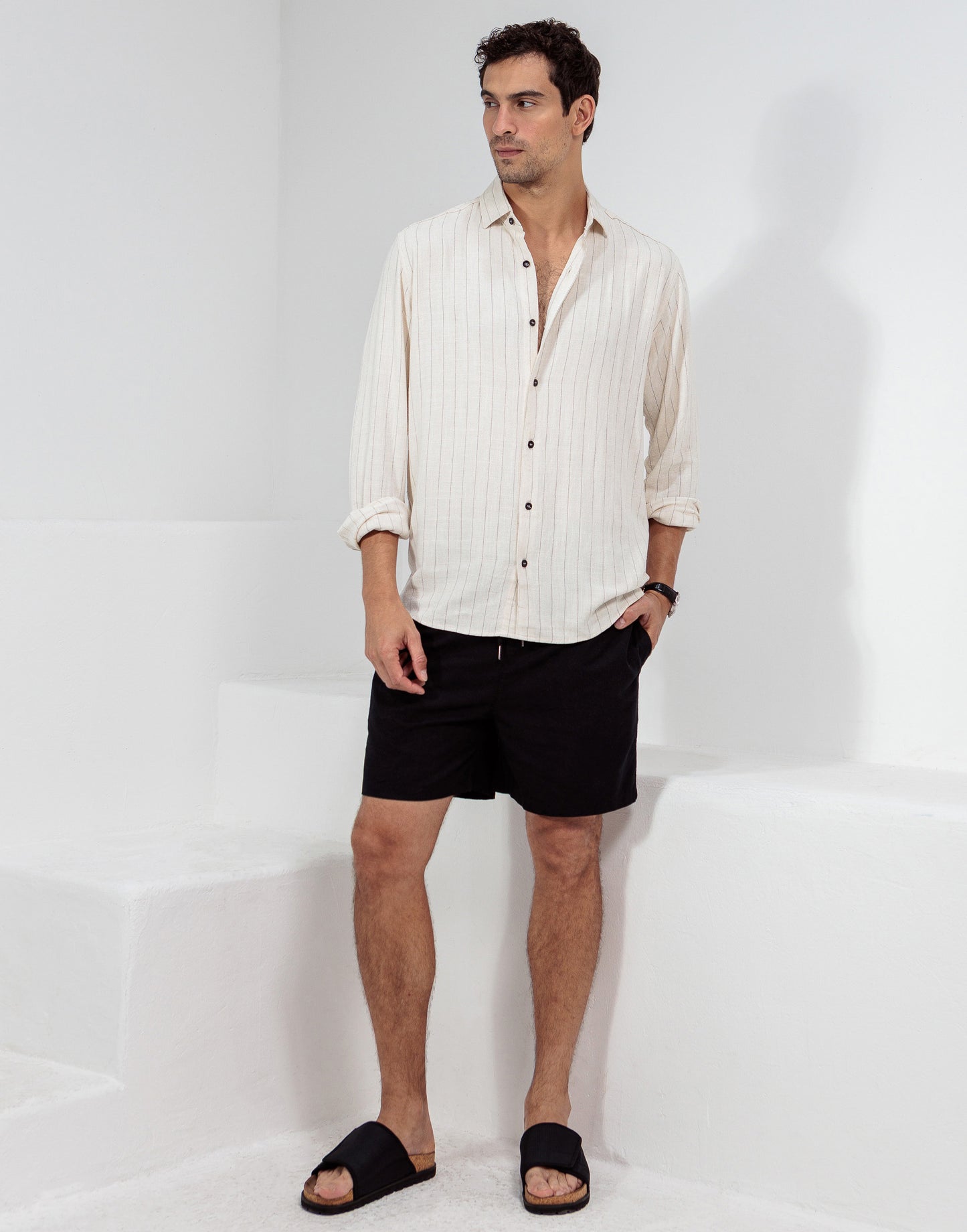 CAMISA LINHO CRU LISTRA PRETA