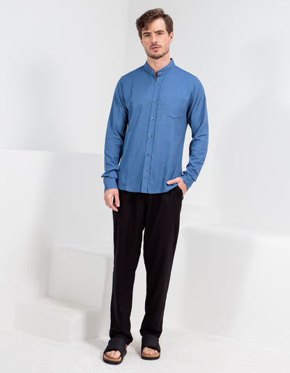 CAMISA LINHO GOLA PADRE RECORTES SLIM AZUL