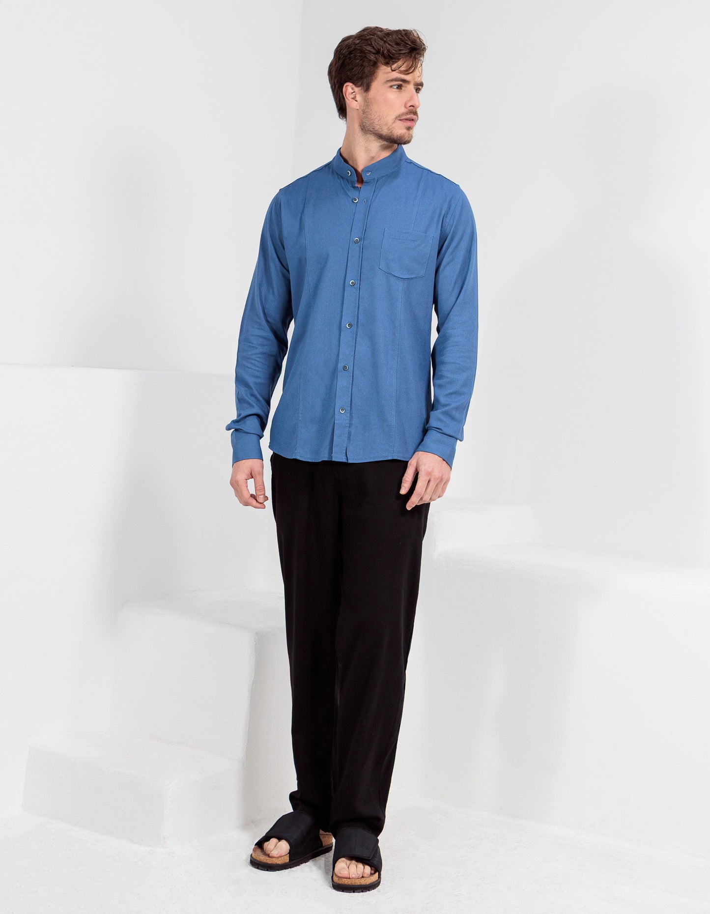 CAMISA LINHO GOLA PADRE RECORTES SLIM AZUL