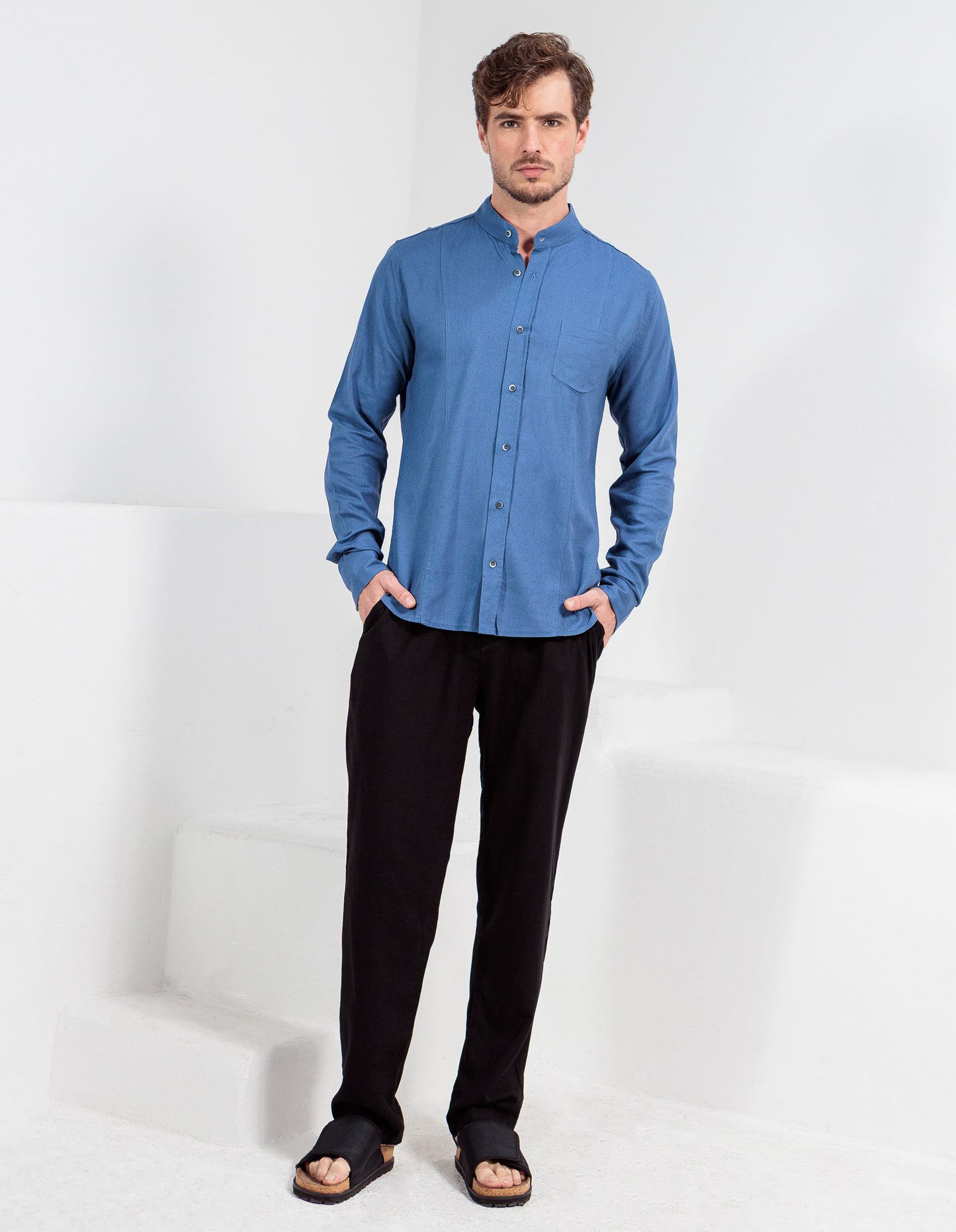 CAMISA LINHO GOLA PADRE RECORTES SLIM AZUL