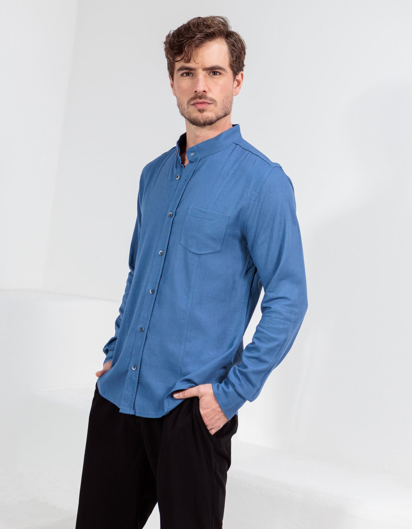 CAMISA LINHO GOLA PADRE RECORTES SLIM AZUL