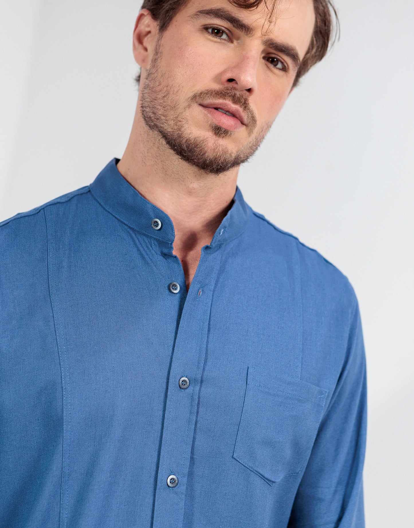 CAMISA LINHO GOLA PADRE RECORTES SLIM AZUL