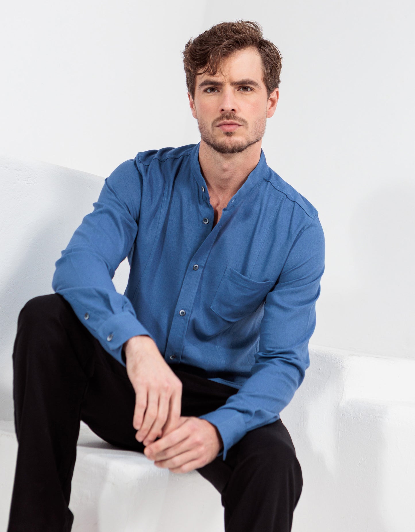 CAMISA LINHO GOLA PADRE RECORTES SLIM AZUL