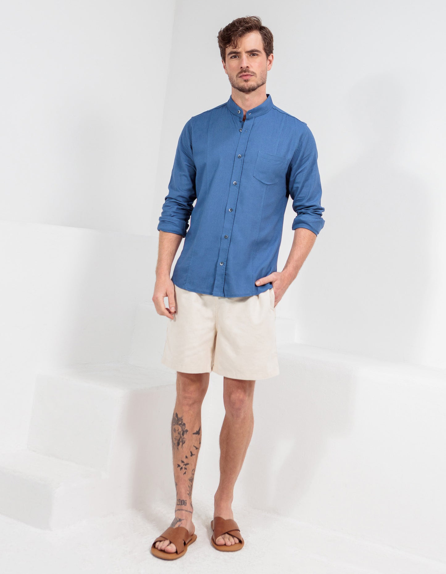 CAMISA LINHO GOLA PADRE RECORTES SLIM AZUL