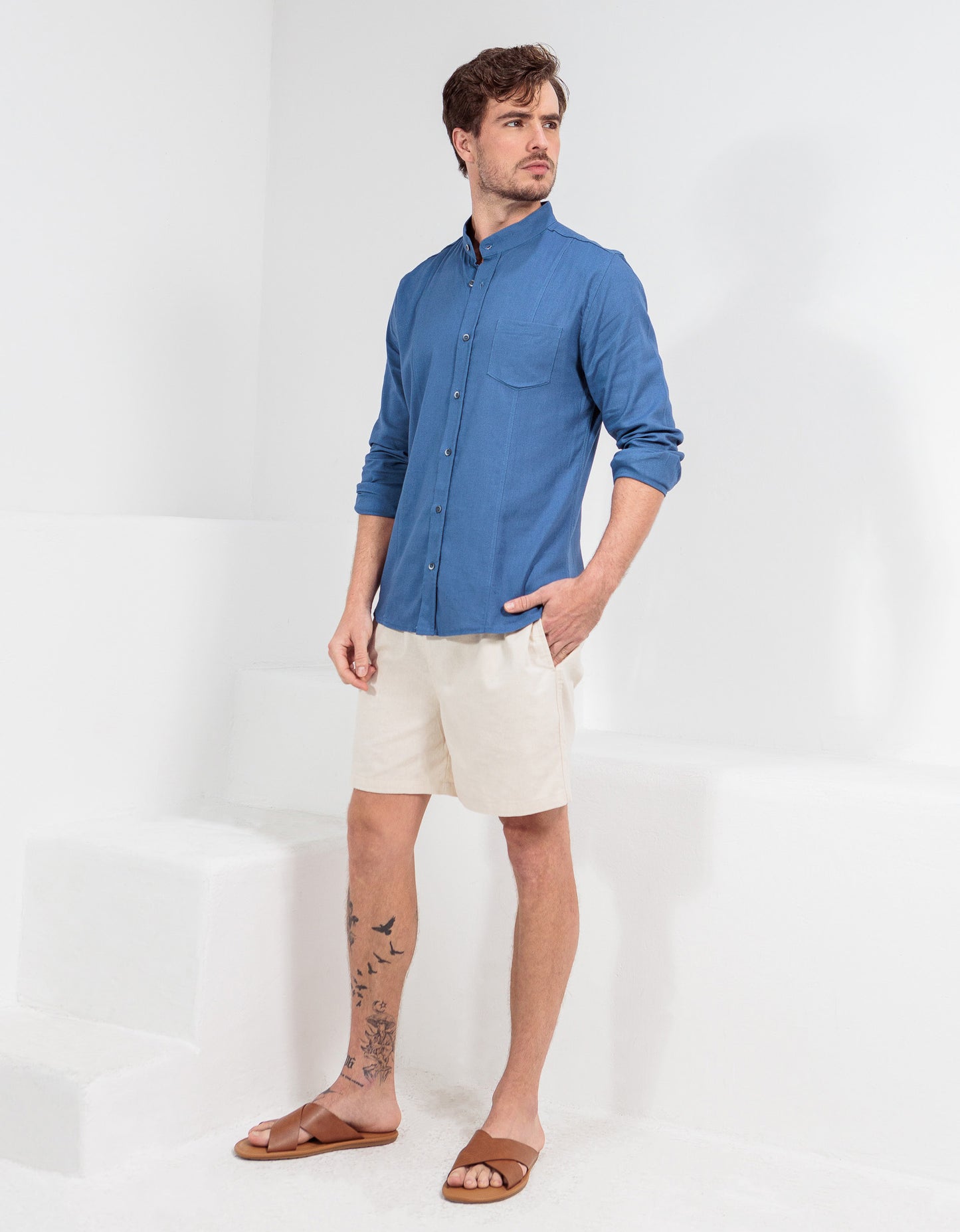 CAMISA LINHO GOLA PADRE RECORTES SLIM AZUL