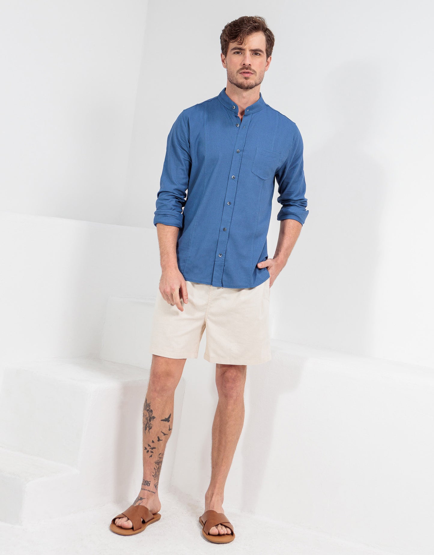 CAMISA LINHO GOLA PADRE RECORTES SLIM AZUL