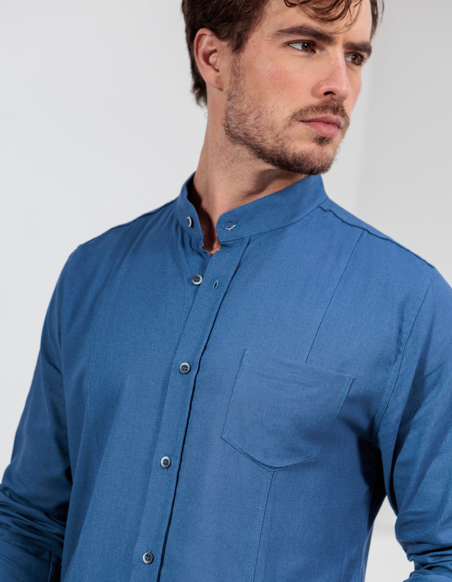 CAMISA LINHO GOLA PADRE RECORTES SLIM AZUL